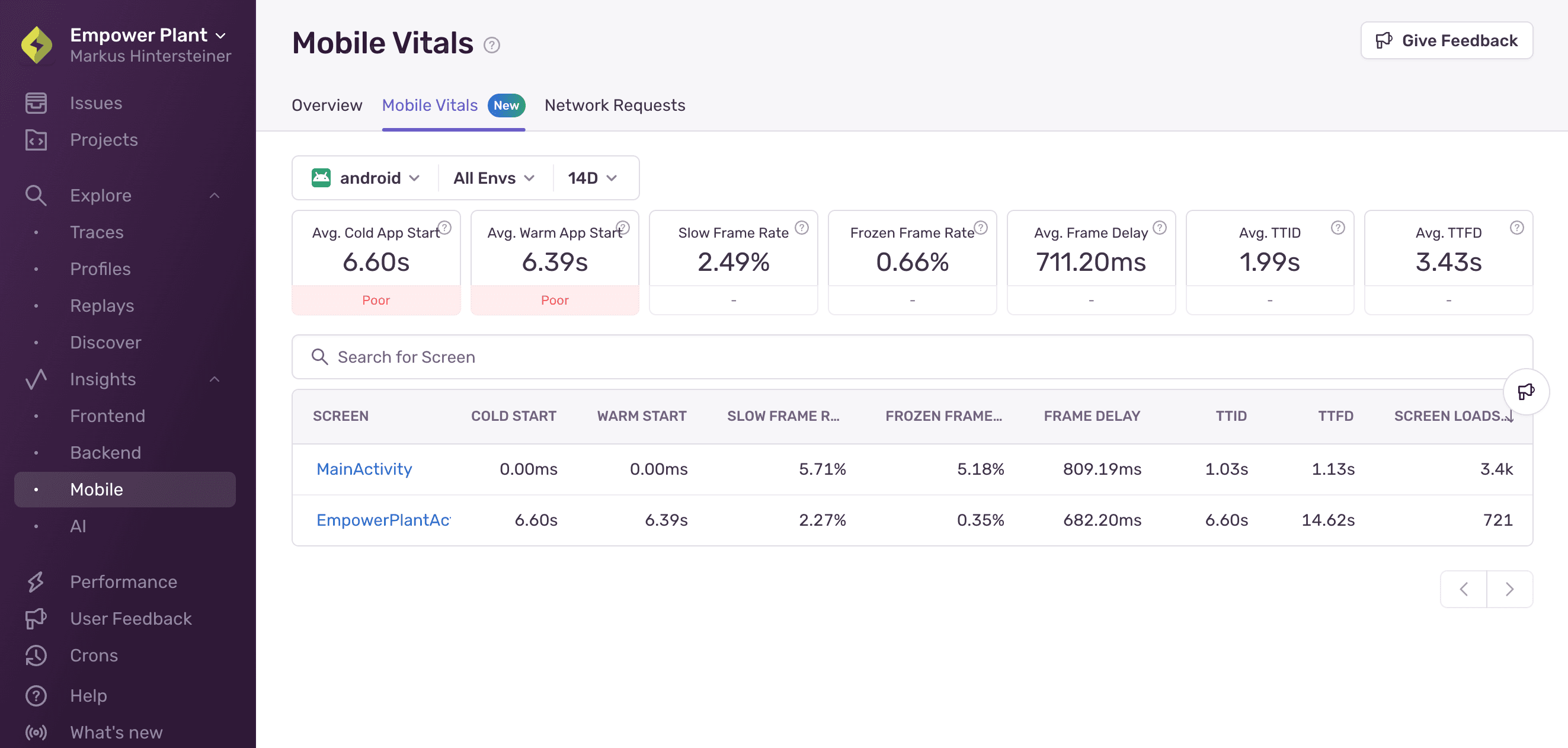 The Mobile Vitals insights module.